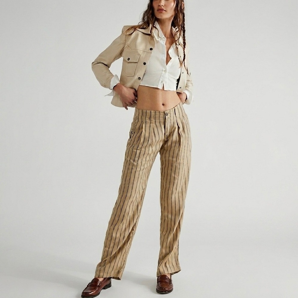Free People Clean Sand Combo Striped Pleated Lyocell Pants Size 2 Heat Wave 27W